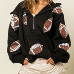 Rugby Sequined Hoodie Zipper Drawstring Long Sleeve Sweatshirt Top