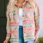 Multicolor Western Aztec Print Button Flap Pocket Shacket