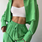 Two Piece Outfits Casual Lounge Sets Long Sleeve Short Casual Shirt with Drawstring Trousers Set