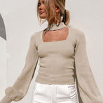 Lantern Sleeve Hollow Half Turtleneck Knit Sweater