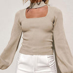 Lantern Sleeve Hollow Half Turtleneck Knit Sweater