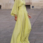 Raglan Sleeve Pleated Split-Joint V-Neck Maxi Dresses