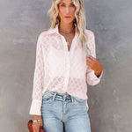 Nadorine Long Sleeve Button Up Shirt Summer Sheer Tulle Top for Women Casual Loose Business Casual 2026 | Under