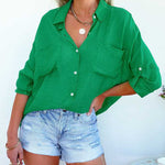 Nadorine Solid Color V Neck Long Sleeve Button Down Blouse with Pockets
