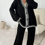 Nadorine Women's Casual Two-pieces Outfits Contrast Trim Knitted Cardigan and Trousers Pants Sets