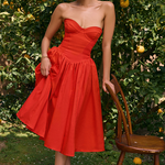 Strapless Corset Pleated Hem Prom Party Midi Dresses-Red