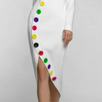 Long Sleeves Buttoned Contrast Color High Neck Midi Dresses