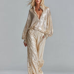 Women's Gold Glamorous Sequin Collared Half - Zip Wide - Leg Loungewear Party Set
