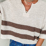 Brown Stripe Cropped Drop Sleeve Sweater