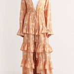 Soleil Conch Print Drawstring Waist Tiered Ruffles Cover-up Maxi Dress