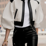Puff Sleeves Contrast Color Split-Joint Zipper Stand Collar Jackets&Coats