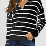Striped Long Sleeve Polo V Neck Pullover Sweater