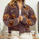 Halloween Pumpkin Sequined Distressed Corduroy Jacket