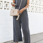 Elastic waist V neck wide leg jumpsuit women
