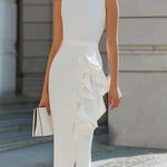 Elegant White Ruffle-Trimmed Midi Sheath Dress