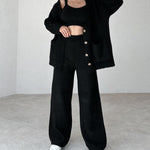 Elegant Three-pieces Knitwear Set Crop Vest Button Sweater Cardigant and Wide Leg Pant Outfits