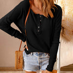 Nadorine Casual Long Sleeve T-Shirt Button Up V Neck Ribbed Knit Tunic Top