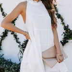 Sleeveless Loose Plain Mini Dresses Mock Neck Layered Ruffled Loose Flowy Swing Short Tank Dress