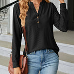 Solid Color V-Neck Buttoned Jacquard Loose-Fitting Long-Sleeved T-Shirt Top