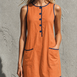 Casual Retro Color-blocked Trim Blue Sleeveless Round Neck Cotton Linen Mini Dress