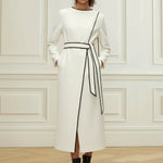 Long Sleeves Minimalist Belted Comfort Contrast Color Round-Neck Midi Dresses