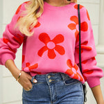 Floral Print Color Block Pullover Long Sleeve Sweater