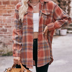Nadorine Loose Fit Plaid Shirt Casual Long Sleeve Lapel Collar Button Tunic Tops