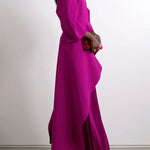 Long Sleeves Loose Pleated Solid Color Split-Joint Tiered Round-Neck Maxi Dresses
