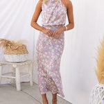 Sleeveless Halter Neck Printed Satin Dress