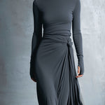 Women's Gray Exquisite Stretch Blended Fabric Wrap Dress - Knotted Maxi Dress