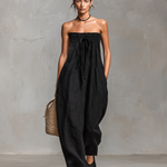 Women's Minimalist Loose-fitting Linen Blend Strapless Jumpsuit With Tie Closure