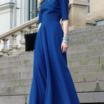 Half Sleeves High Waisted Solid Color Tied Waist V-Neck Maxi Dresses