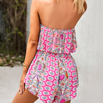 Off Shoulder Jumpsuit Floral Print Strapless Elastic Waist Wide Leg Shorts Romper Dress