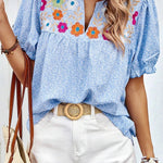 Sky Blue Floral Embroidered Notched V Neck Puff Sleeve Blouse