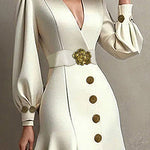 Loose Puff Sleeves Pleated Split-Joint Tied Waist V-Neck Midi Dresses