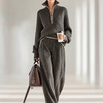 Women's Minimalist Loose Knit Zipper Half Turtleneck Sweater Wide-Leg Pants Set