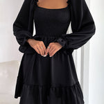 Square Neck Long Sleeve Shirred Ruffle Hem Dresses High Waist A Line Knee Length Elegant Mini Dress