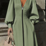 A-Line Long Sleeves Pleated Pockets Solid Color Zipper V-Neck Midi Dresses