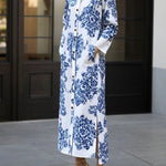 Long Sleeves Buttoned Printed Split-side Lapel Maxi Dresses Shirt Dress