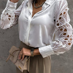 Nadorine Elegant Lace V-NeckShirt Solid Color Hollow Out Long Sleeve Patchwork Blouse