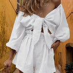 Half Sleeve Knot Front Crop Cardigan Top with Shorts Sets