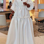 High Waisted Puff Sleeves Falbala Solid Color V-Neck Maxi Dresses