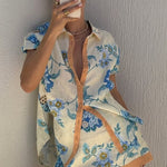 Giselle Linen Blend Floral Print Short Sleeve Shirt and Zipper Mini Skirt Set