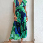 Nadorine Women's Casual Sleeveless Pleated Long Dress Loose Deep V Neck Holiday Dresses