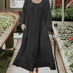 Round Neck Ruched Pocket Solid Long Sleeve Dress