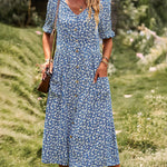 Nadorine Women's Button Down V Neck Full Print High Waist A-Line Summer Casual Dress