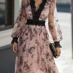 Lace-Trimmed Floral Pleated Midi Dress