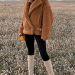 Lapel Fleece Jacket Long Sleeve Pockets Faux Fur Dressy Fall Outfits