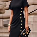 High-low Short Sleeves Buttoned Solid Color Round-neck Maxi Dresses