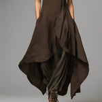 Women's Dark Brown Linen Dress  With High-Low Hem & Side Pockets, Timeless Avant-Garde-Casual Style Dress